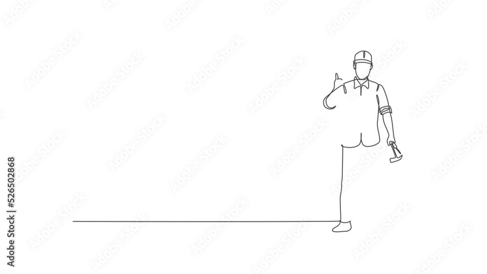 Poster animated self drawing of continuous line draw a carpenter standing with a thumbs-up gesture works fo