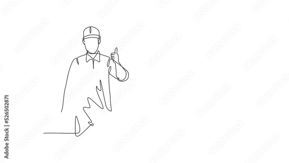 Poster animated self drawing of single continuous line draw a carpenter with a thumbs-up gesture works in h