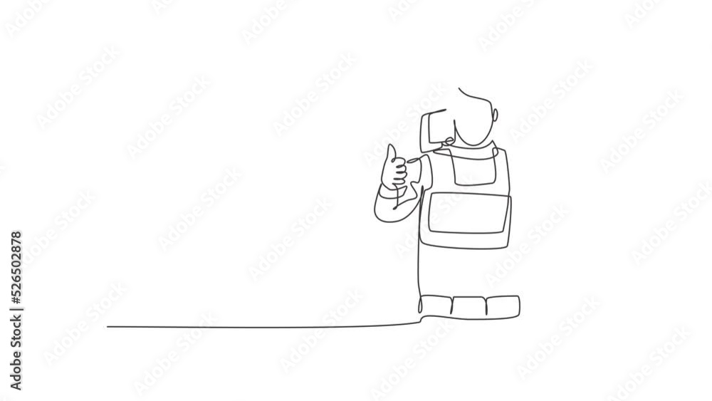 Poster animated self drawing of continuous line draw astronauts with a thumbs-up gesture wearing spacesuits