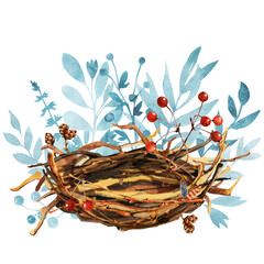 Bird's nest made of twigs, watercolor illustration on transparent background PNG