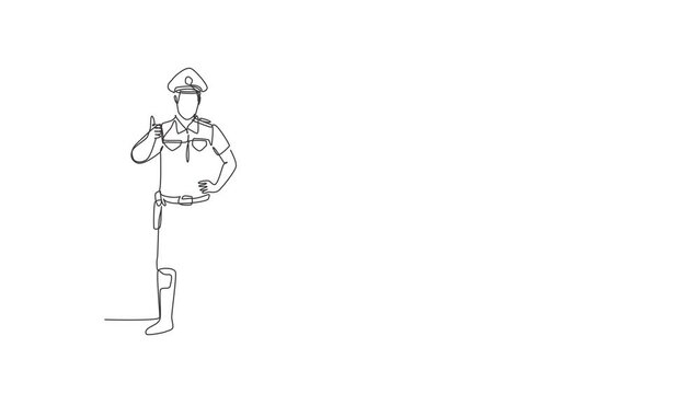 Animated self drawing of continuous one line draw policeman standing with a thumbs-up gesture and in full uniform works to control vehicle traffic on the highway. Full length single line animation.