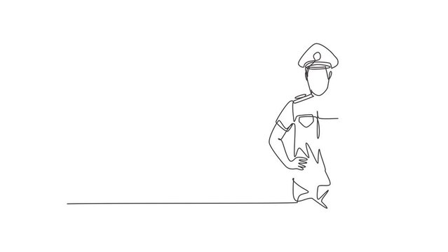 Animated self drawing of continuous one line draw the policeman with a thumbs-up gesture and in full uniform is ready to enforce traffic discipline on the highway. Full length single line animation.