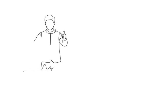Self drawing animation of single one line draw hotel doorman in a very neat uniform poses with a thumbs up. Serve guests with a friendly and warm manner. Continuous line draw. Full length animated.
