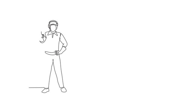 Animated self drawing of single continuous line draw the welder stands with a thumbs-up gesture and the face shield is removed ready to work in his iron workshop. Full length one line animation.