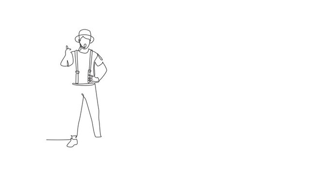 Self drawing animation of single one line draw Mime Artist stands with a thumbs-up gesture and white face make-up makes audience laugh with silent comedy. Continuous line draw. Full length animated.
