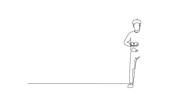 Animated self drawing of continuous line draw the painter stands with a thumbs-up gesture using a hat and painting tools to produce artwork in his workshop studio. Full length single line animation.