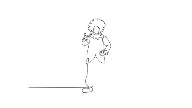 Animated self drawing of continuous line draw clown stands with a thumbs-up gesture wearing wig and clown costume ready to entertain the audience in the circus arena. Full length single line animation