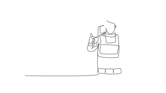 Animated self drawing of continuous line draw astronauts with a thumbs-up gesture wearing spacesuits to explore outer space in search of the mysteries of universe. Full length single line animation.
