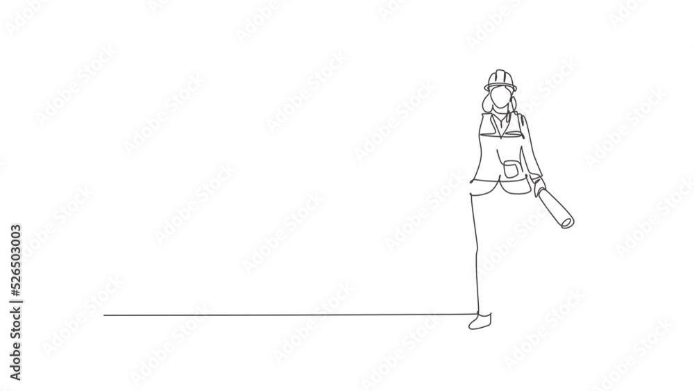 Poster animated self drawing of continuous line draw the female architect stands with a thumbs-up gesture a