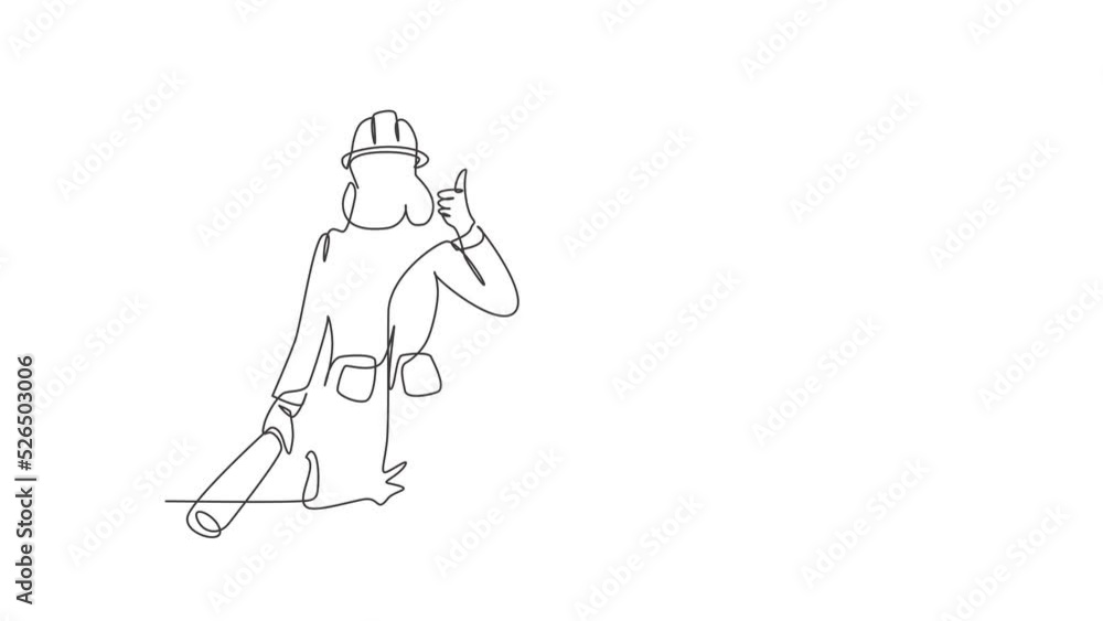 Aufkleber animated self drawing of continuous line draw female architect with a gesture of raising his thumb a