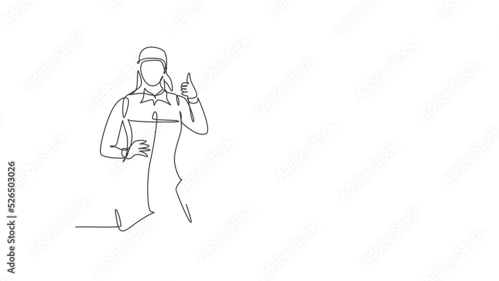 Poster animated self drawing of continuous line draw handywoman with thumbs-up gesture is ready to work on 