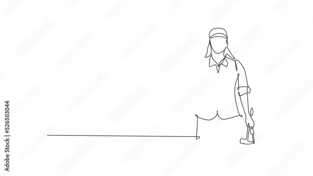 Poster animated self drawing of continuous line draw carpenter woman with a thumbs-up gesture works in his 