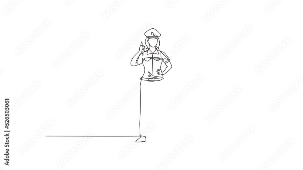 Poster animated self drawing of continuous line draw the policewoman standing with a thumbs-up gesture and 