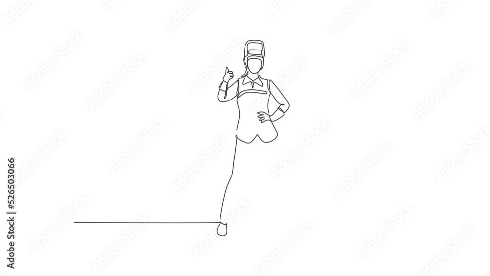 Aufkleber self drawing animation of single line draw female welder stands with a thumbs-up gesture and the fac