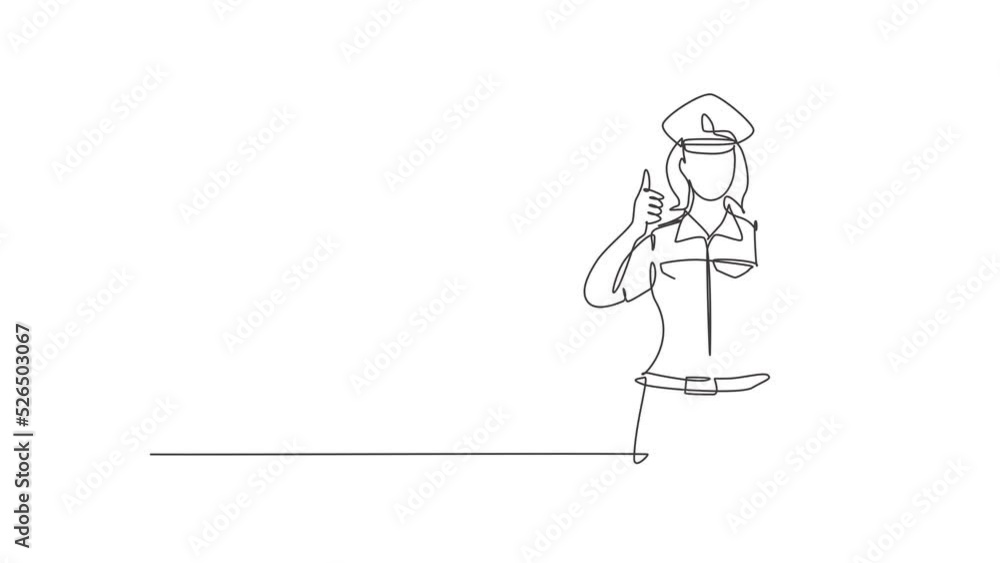 Poster animated self drawing of single continuous line draw the policewoman with a thumbs-up gesture and in