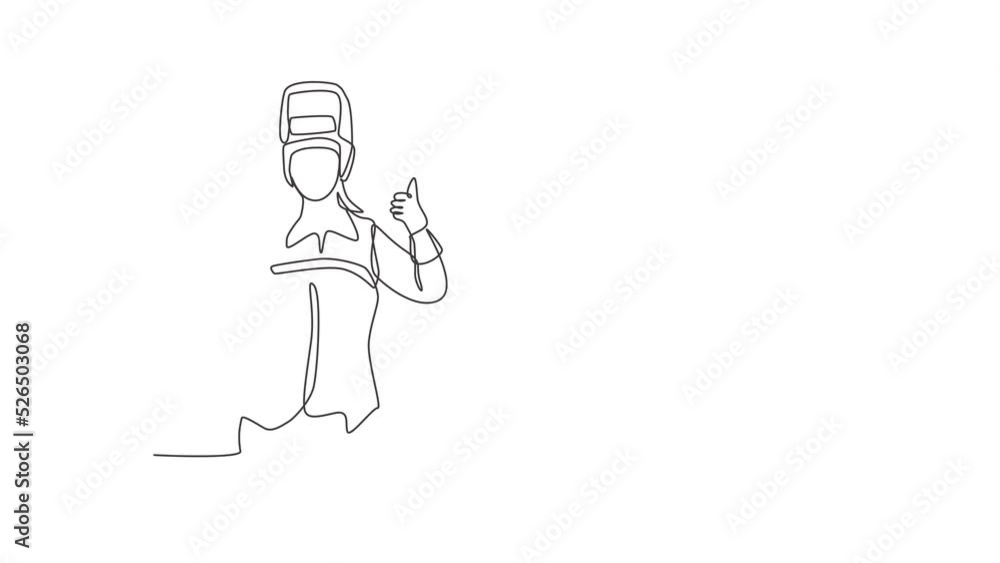 Poster animated self drawing of single continuous line draw female welder with a thumb-up gesture works in 