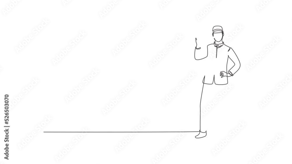 Aufkleber self drawing animation of single one line draw doorman stood with one hand on his waist and the othe