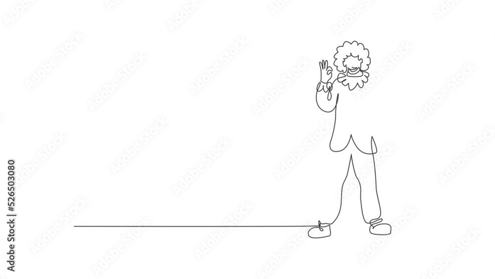Poster self drawing animation of single continuous line draw clown stands with gesture okay wearing wig and