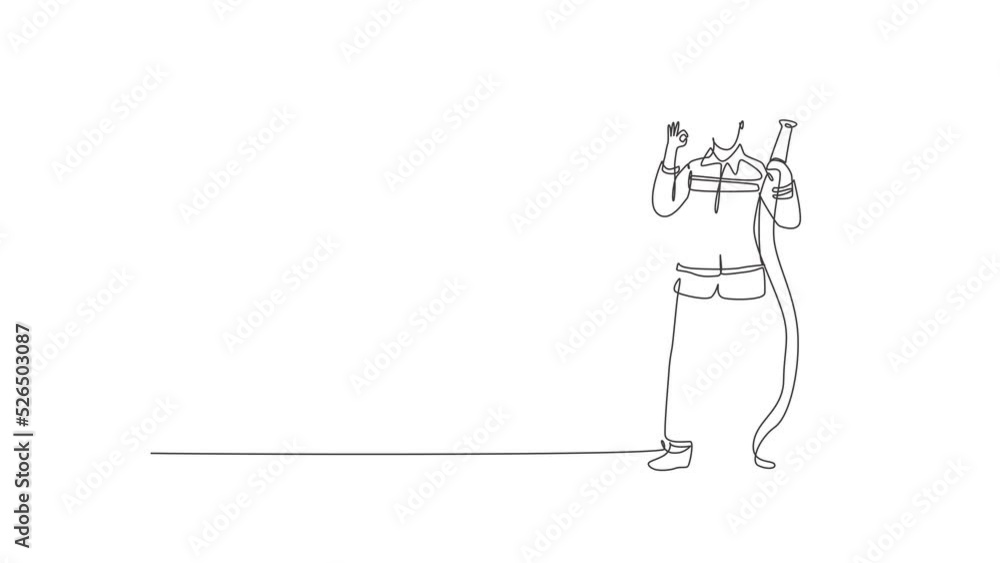 Poster self drawing animation of single line draw firefighters stood wearing helmets and uniforms complete 