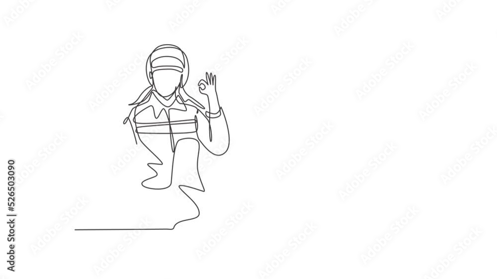 Poster animated self drawing of single continuous line draw firefighters with full uniform, gesture okay an