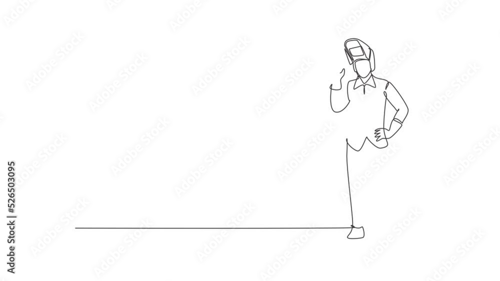 Poster self drawing animation of single line draw welder stands with gesture okay and face shield is remove