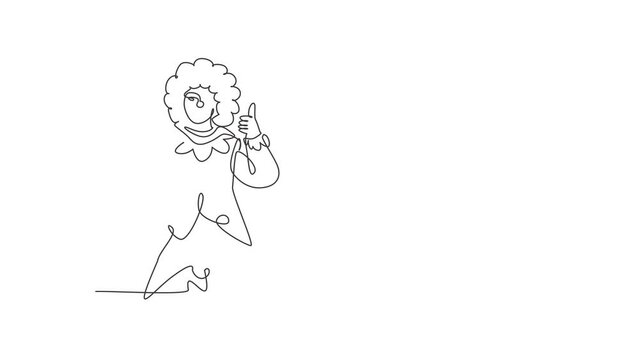 Animated self drawing of continuous line draw female clown with thumbs-up gesture, wearing a wig and smiling face make-up, entertaining kids at a festive birthday. Full length single line animation.