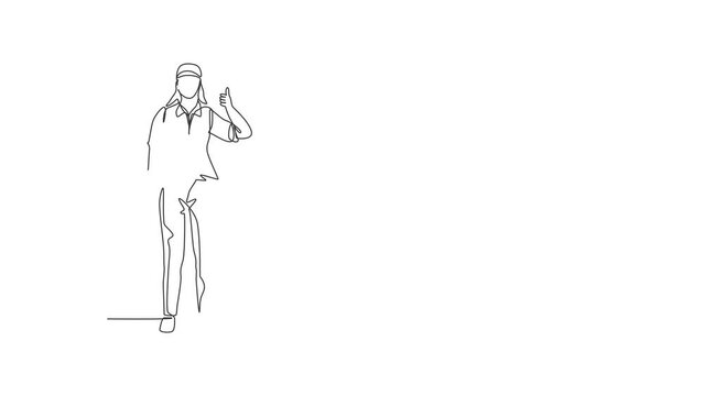 Animated self drawing of continuous line draw carpenter woman standing with a thumbs-up gesture works for wood industry and must be skilled at using carpentry tools. Full length single line animation.