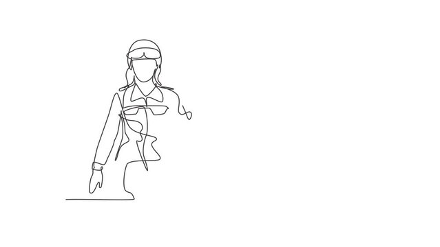 Animated self drawing of single continuous line draw woman soldiers with goggle, full uniforms, thumbs-up gestures are ready to defend the country on battlefield. Full length one line animation.