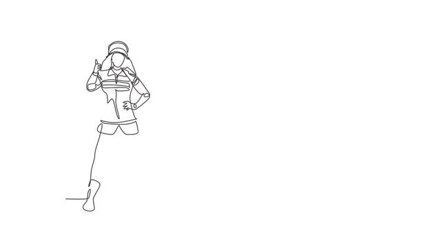 Animated self drawing of continuous line draw female firefighters stood wearing helmets and uniforms complete with a thumbs-up gesture to work to extinguish the fire. Full length single line animation