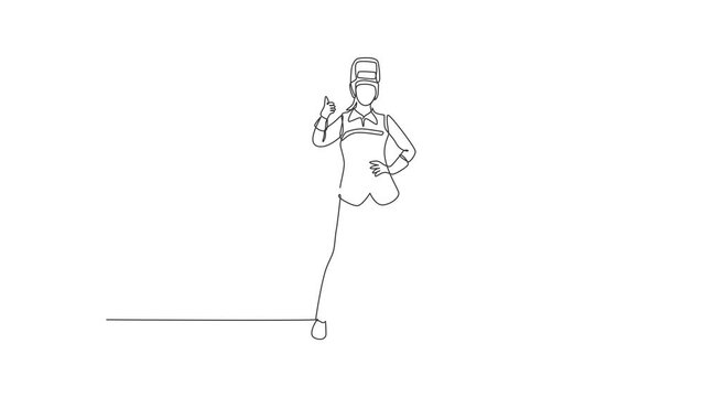 Self drawing animation of single line draw female welder stands with a thumbs-up gesture and the face shield is removed ready to work in his iron workshop. Continuous line draw. Full length animated.