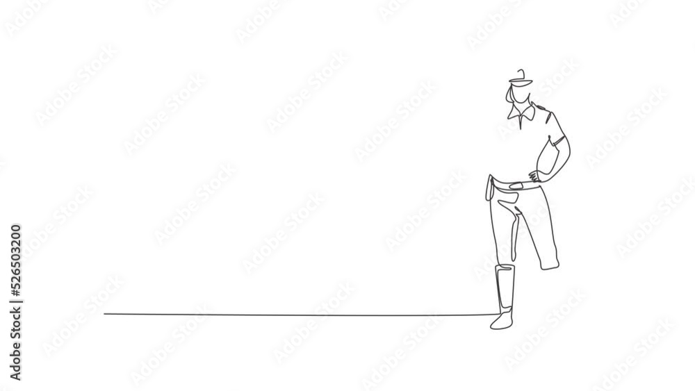 Poster animated self drawing of continuous line draw policewoman standing with gesture okay and full unifor