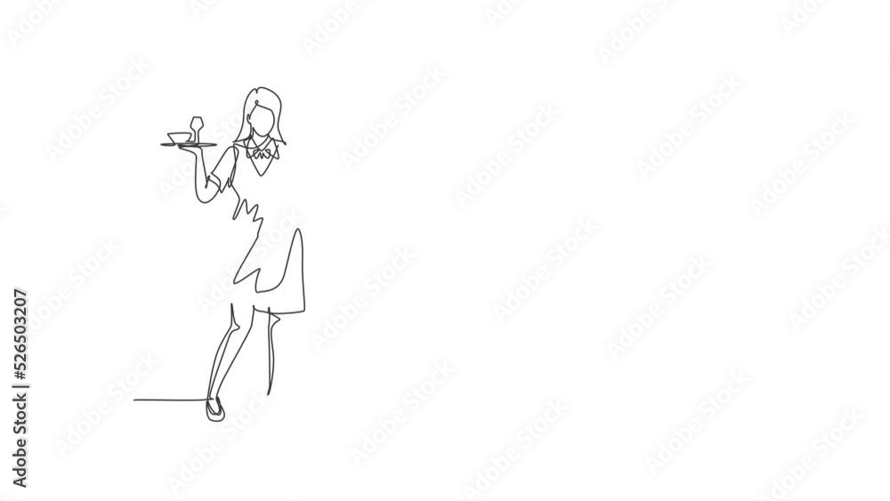 Aufkleber animated self drawing of continuous line draw waitress stood up with gesture okay and brought tray o