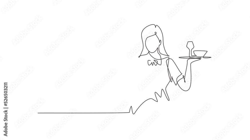 Poster animated self drawing of single continuous line draw waitress with gesture okay and brought a tray o