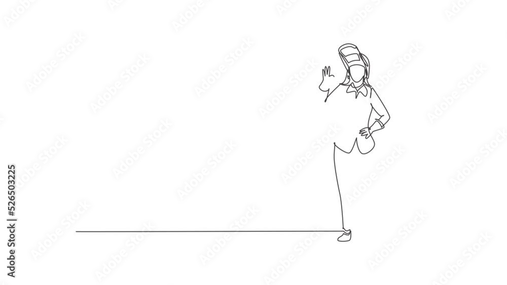 Poster self drawing animation of single line draw female welder stands with gesture okay, face shield is re