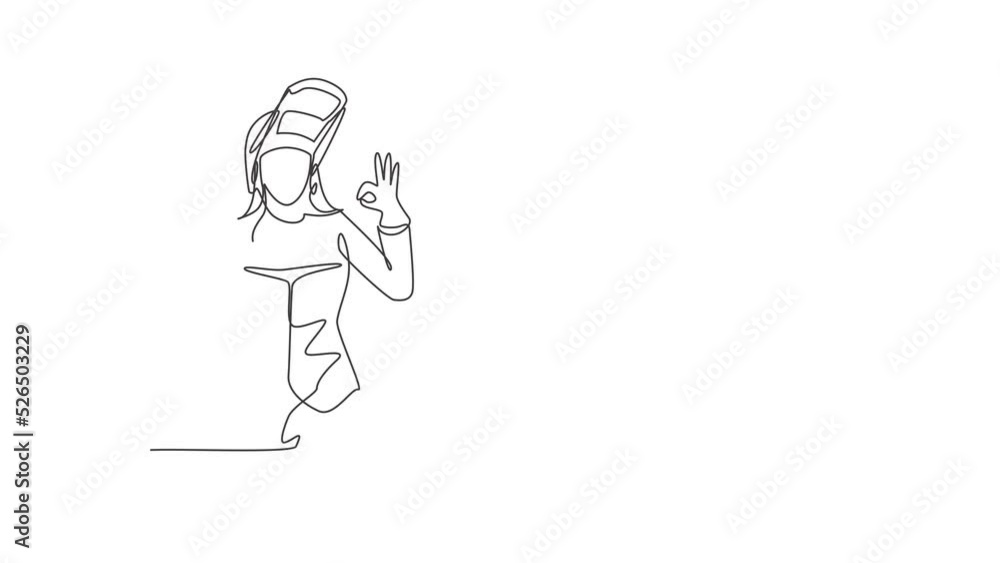 Poster animated self drawing of continuous one line draw female welder with gesture okay works in the const