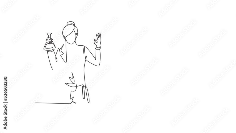 Poster animated self drawing of single continuous line draw female scientist with gesture okay and holding 