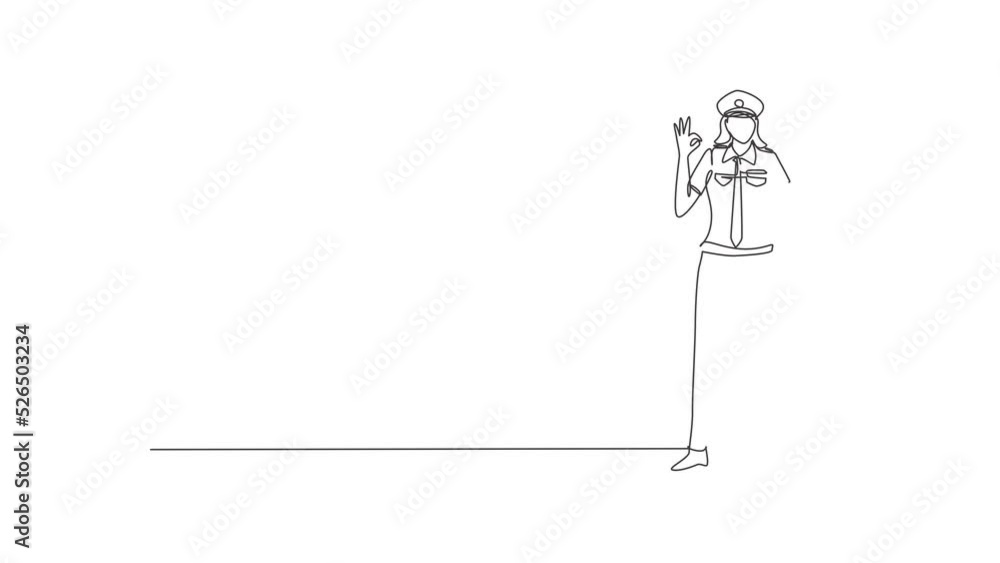Poster self drawing animation of single one line draw female pilot stands with gesture okay and complete un