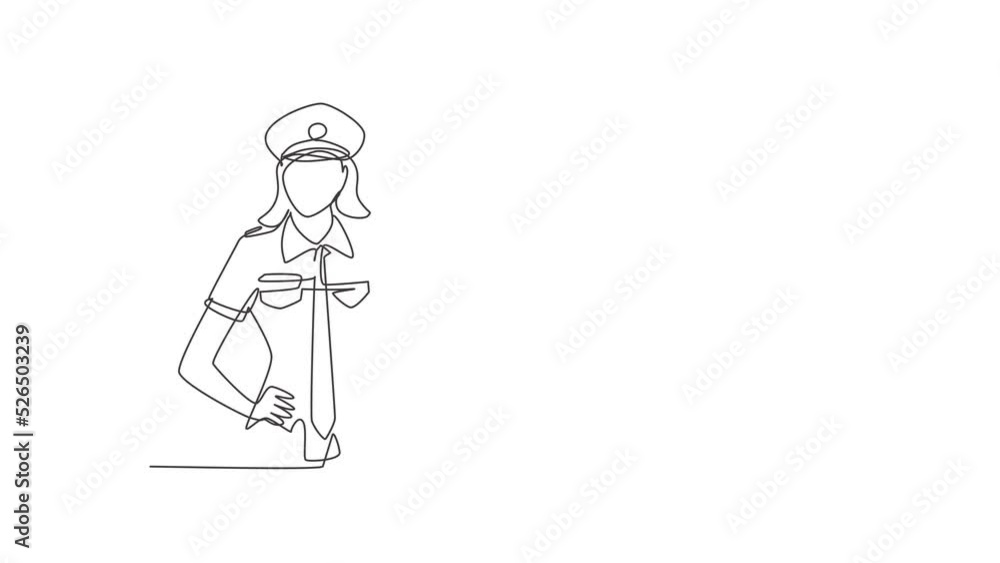 Poster animated self drawing of single continuous line draw female pilot with gesture okay and uniform read