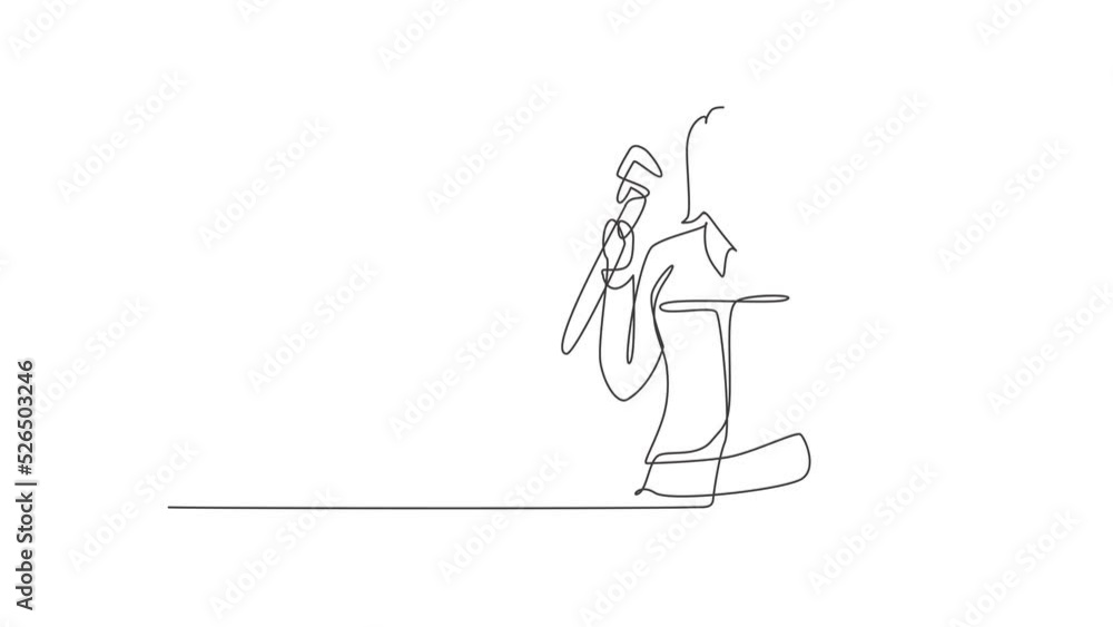 Poster self drawing animation of single line draw plumber with gesture okay ready to work on repairing leak