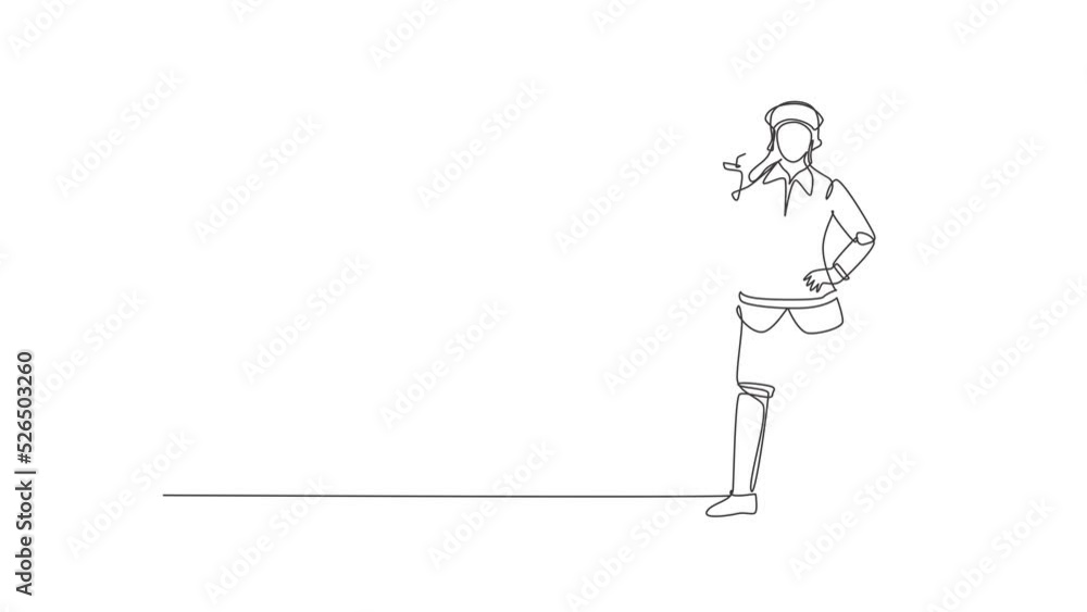 Poster self drawing animation of single line draw firefighter stood wearing helmet uniform with gesture oka