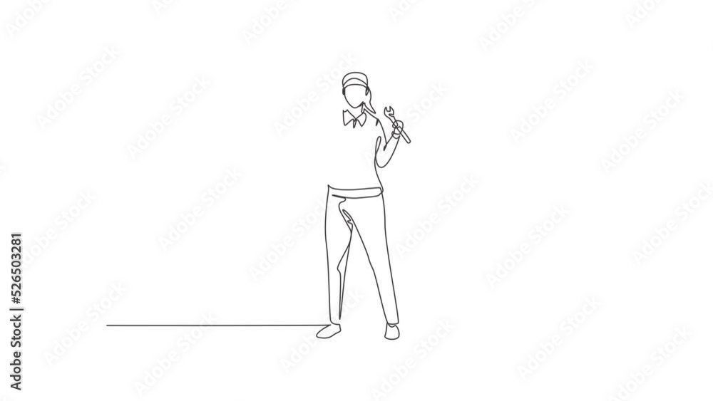 Poster animated self drawing of continuous line draw female mechanic stands up with gesture okay and holdin