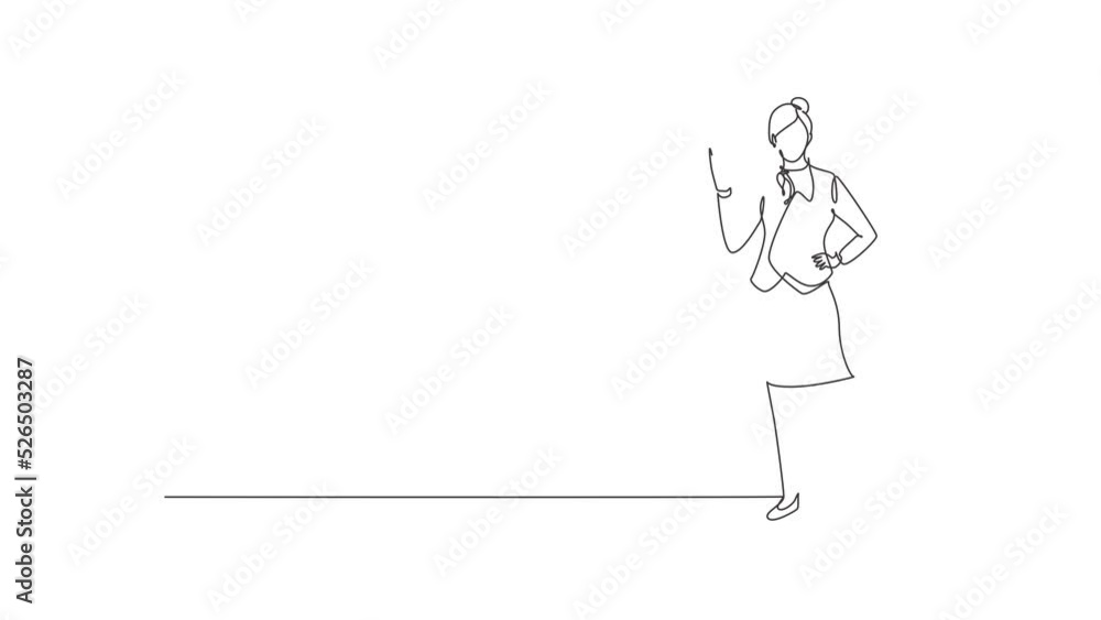Poster self drawing animation of single line draw flight attendant stands in uniform with gesture okay prep