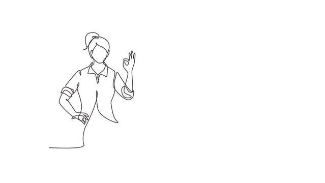 Animated self drawing of continuous line draw handywoman with gesture okay ready to work on repairing the damaged part of house. Professional work. Success business. Full length single line animation.