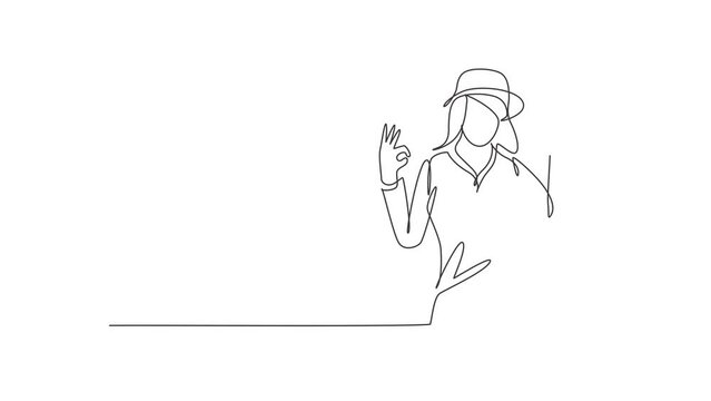 Self drawing animation of single line draw female film director with gesture okay holding clapperboard and set crew for studio shooting. Professional work. Continuous line draw. Full length animated.