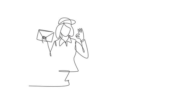 Self drawing animation of single one line draw postwoman wearing hat, sling bag, and uniform with gesture okay holds envelope to delivered to home address. Continuous line draw. Full length animated.