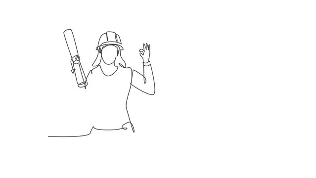 Animated self drawing of single continuous line draw female architect with gesture okay and wearing helmet carried building construction drawing paper. Success business. Full length one line animation