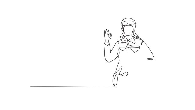 Animated self drawing of single continuous line draw female soldiers with weapon, uniform, gesture okay is ready to defend the country on battlefield against enemy. Full length one line animation.