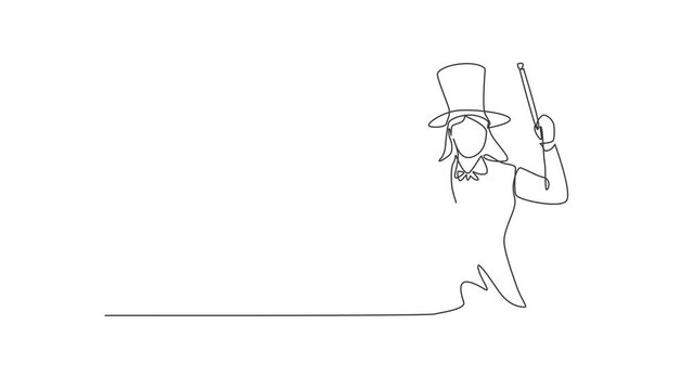 Animated self drawing of continuous line draw female magician with gesture okay wearing hat and holding magic stick ready to entertain audience at television show. Full length one line animation.