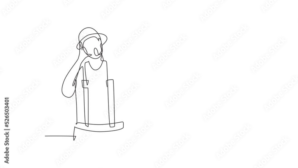 Poster self drawing animation of single one line draw mime artist with call me gesture and white face make-