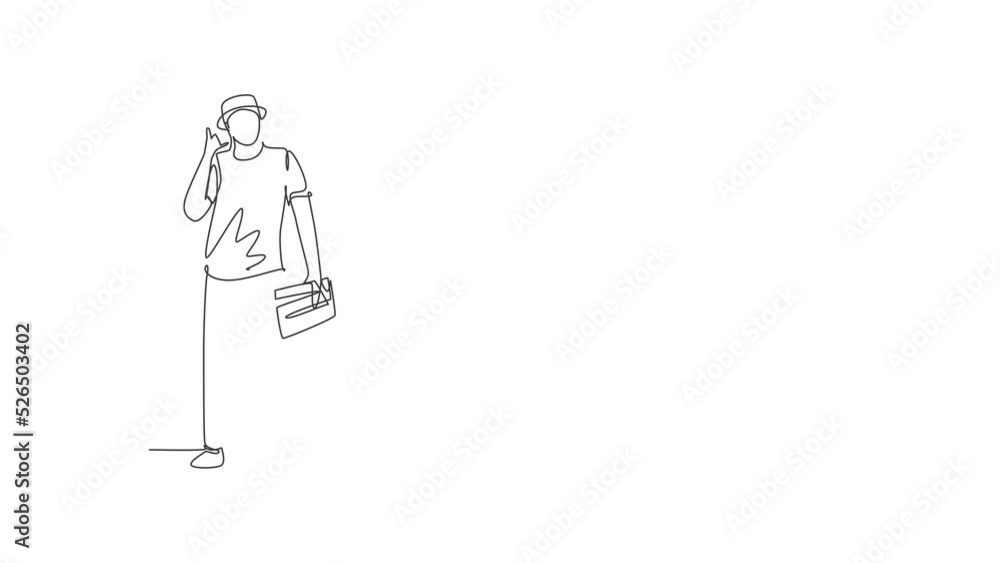 Poster self drawing animation of single line draw film director stands with call me gesture holding clapper